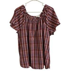 Beach Lunch Lounge Womens Size L Purple Plaid Off The Shoulder Cap Sleeve Blouse